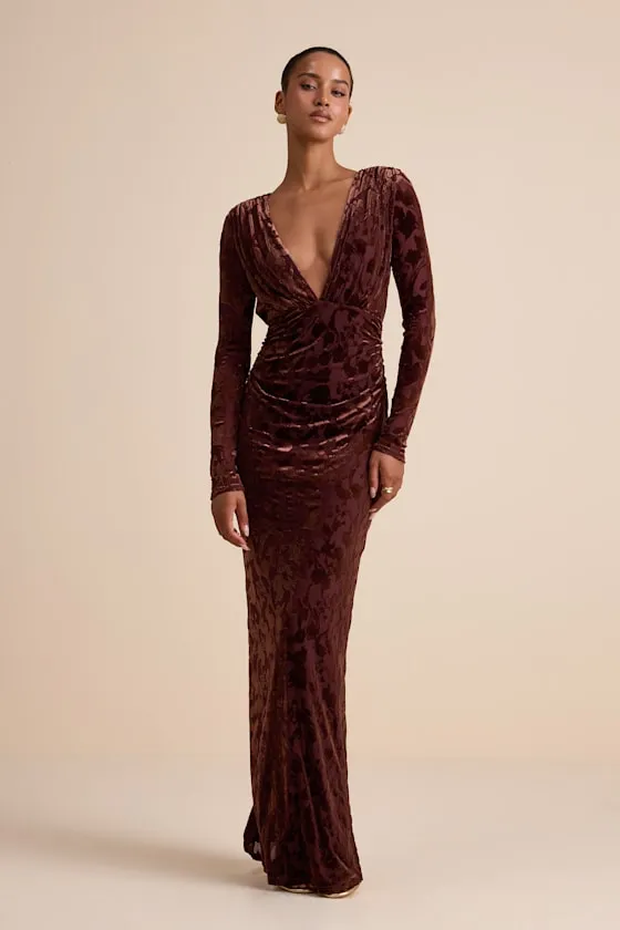 Patricia Brown Velvet Burnout Long Sleeve Maxi Dress sold by Lulus product image thumbnail 3