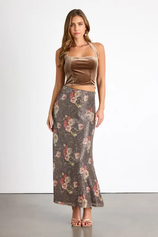Shelisa Grey Floral Sequin High-Rise Maxi Skirt sold by Lulus