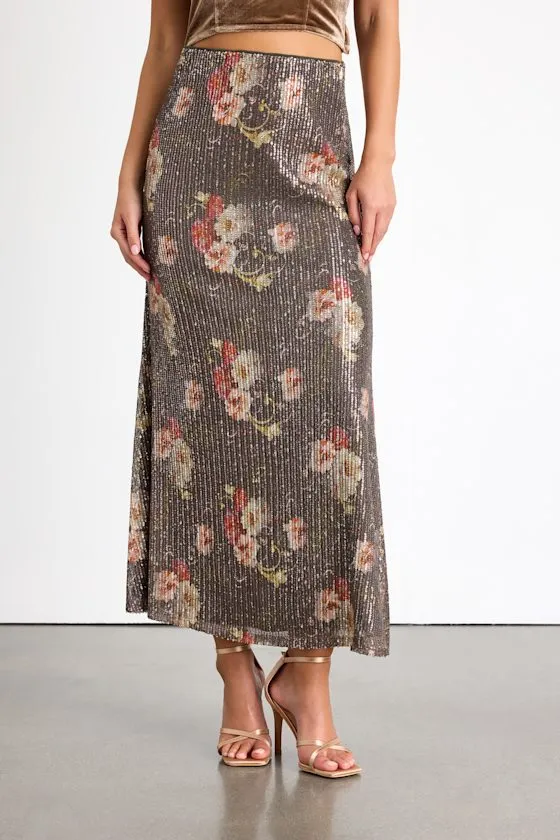 Shelisa Grey Floral Sequin High-Rise Maxi Skirt sold by Lulus product image thumbnail 2