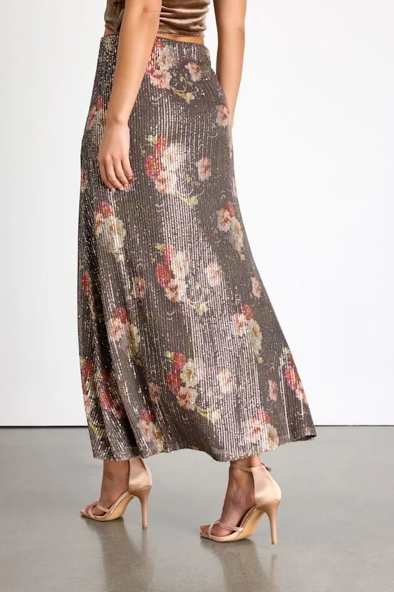 Shelisa Grey Floral Sequin High-Rise Maxi Skirt sold by Lulus product image thumbnail 3