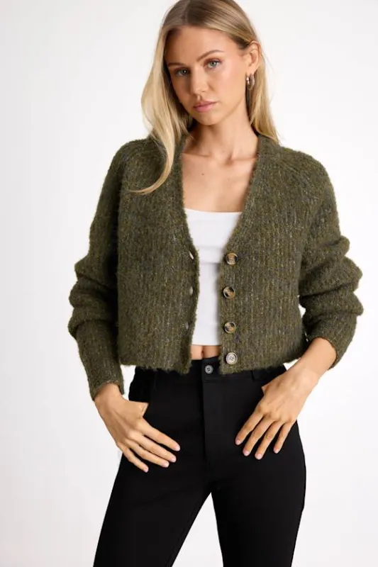 Evoletta Olive Green Marled Cropped Cardigan Sweater sold by Lulus