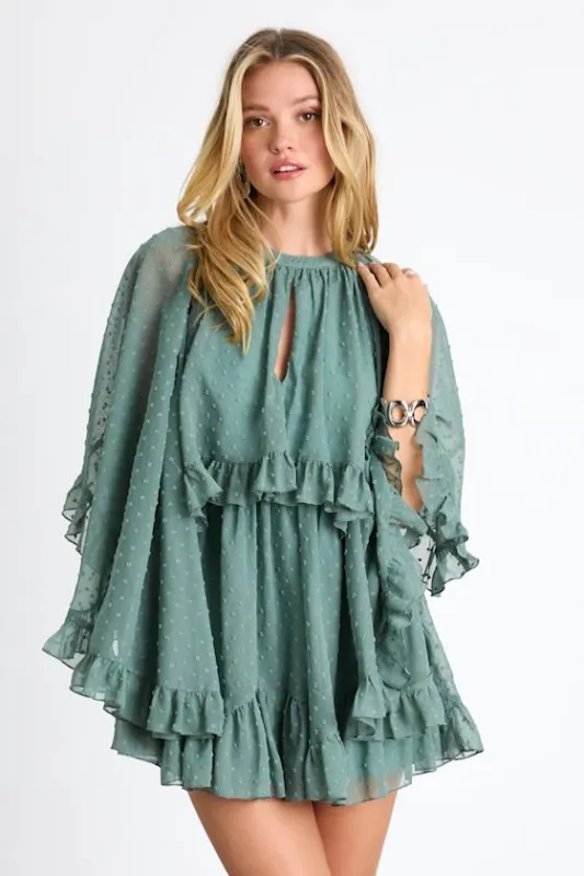 Rhozie Sage Blue Swiss Dot Cape Sleeve Tiered Mini Dress sold by Lulus