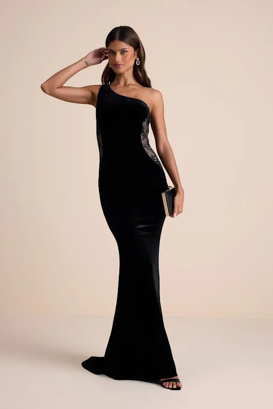 Razela Black Velvet Lace One-Shoulder Maxi Dress sold by Lulus product image thumbnail 2