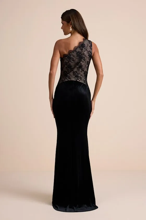 Razela Black Velvet Lace One-Shoulder Maxi Dress sold by Lulus product image thumbnail 4