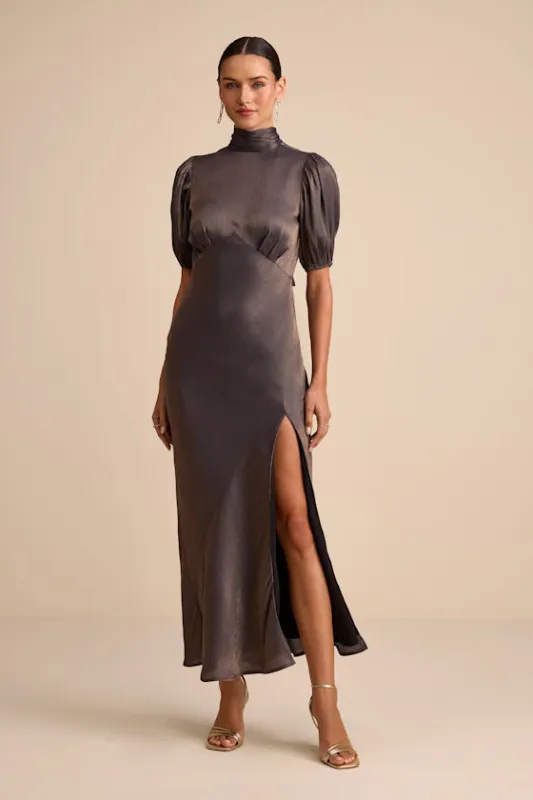 Talira Dark Taupe Satin Lurex Mock Neck Cutout Maxi Dress sold by Lulus
