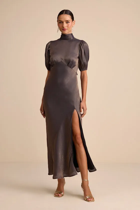 Talira Dark Taupe Satin Lurex Mock Neck Cutout Maxi Dress sold by Lulus