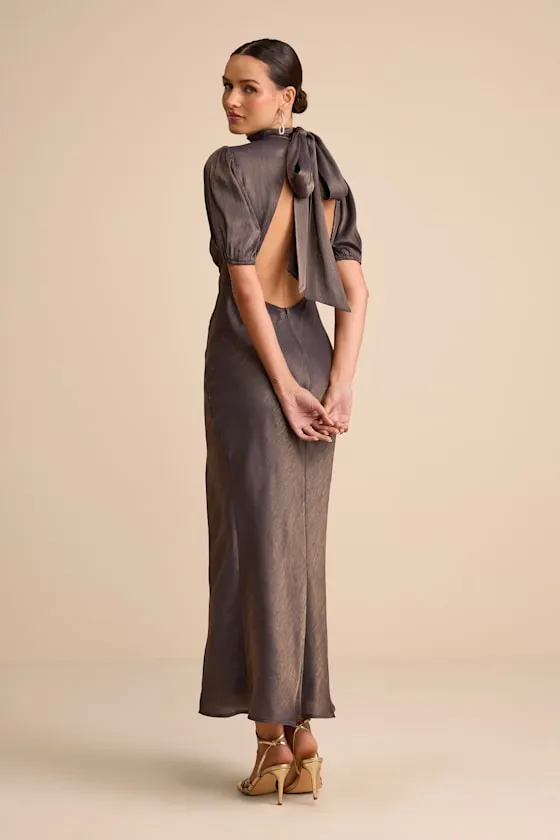 Talira Dark Taupe Satin Lurex Mock Neck Cutout Maxi Dress sold by Lulus product image thumbnail 2