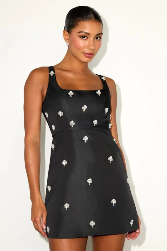 Naveena Black Satin Pearl Rhinestone Mini Dress sold by Lulus