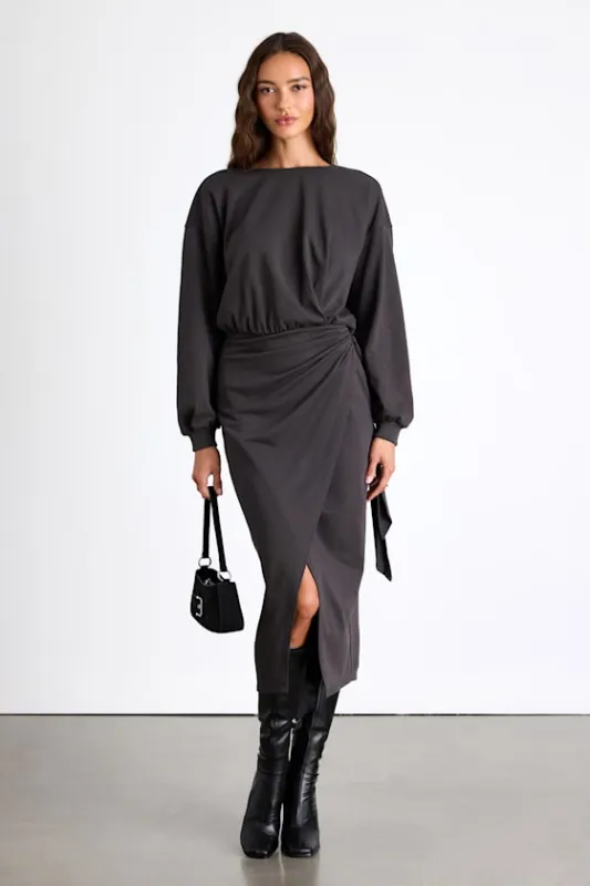 Eunia Charcoal Grey Jersey Knit Long Sleeve Wrap Midi Dress sold by Lulus