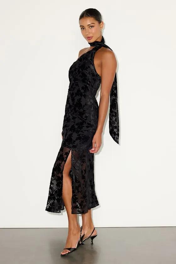 Alis Black Velvet Burnout One-Shoulder Sash Maxi Dress sold by Lulus product image thumbnail 4