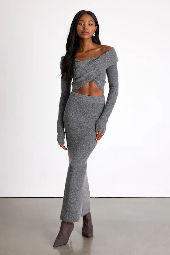 Alfina Grey Knit High-Rise Maxi Skirt sold by Lulus