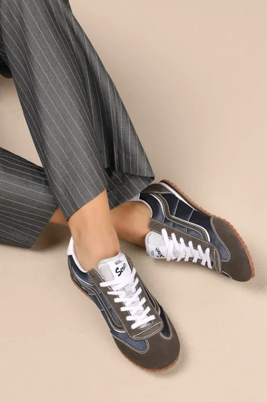 Super Lowpro Brown and Navy Suede Leather Sneakers sold by Lulus