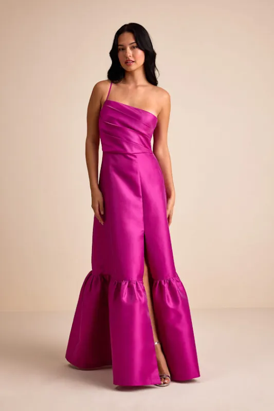 Letha Magenta Taffeta One-Shoulder Maxi Dress sold by Lulus