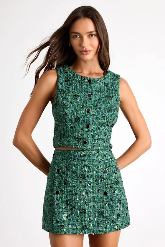 Namari Emerald Tweed Sequin Button-Front Crop Top sold by Lulus product image thumbnail 2