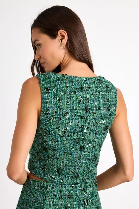 Namari Emerald Tweed Sequin Button-Front Crop Top sold by Lulus product image thumbnail 3