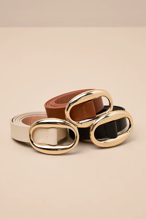 Quimby Black Beige and Brown Skinny Oval-Buckle Belt Set sold by Lulus product image thumbnail 2