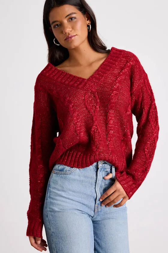 Ewan Red Sequin Cable Knit V-Neck Sweater sold by Lulus