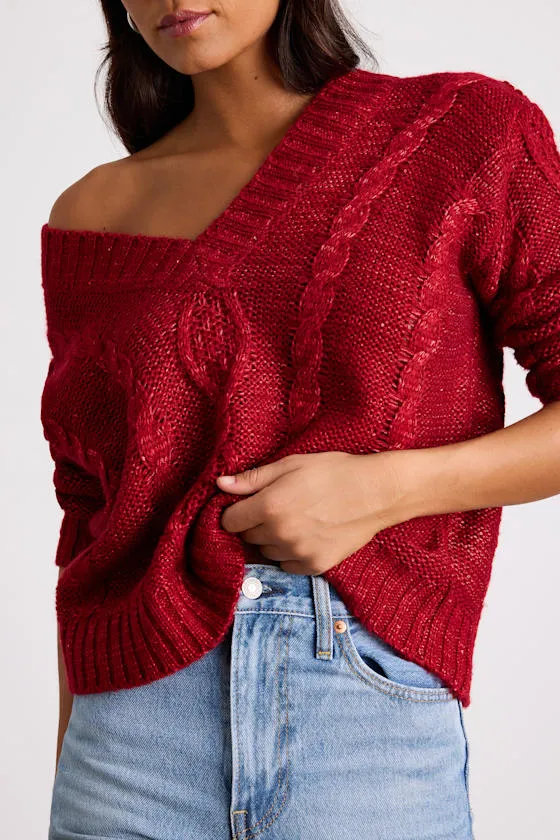 Ewan Red Sequin Cable Knit V-Neck Sweater sold by Lulus product image thumbnail 2
