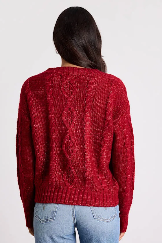 Ewan Red Sequin Cable Knit V-Neck Sweater sold by Lulus product image thumbnail 3
