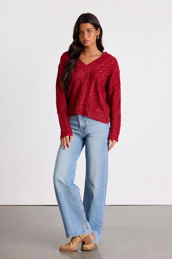 Ewan Red Sequin Cable Knit V-Neck Sweater sold by Lulus product image thumbnail 4