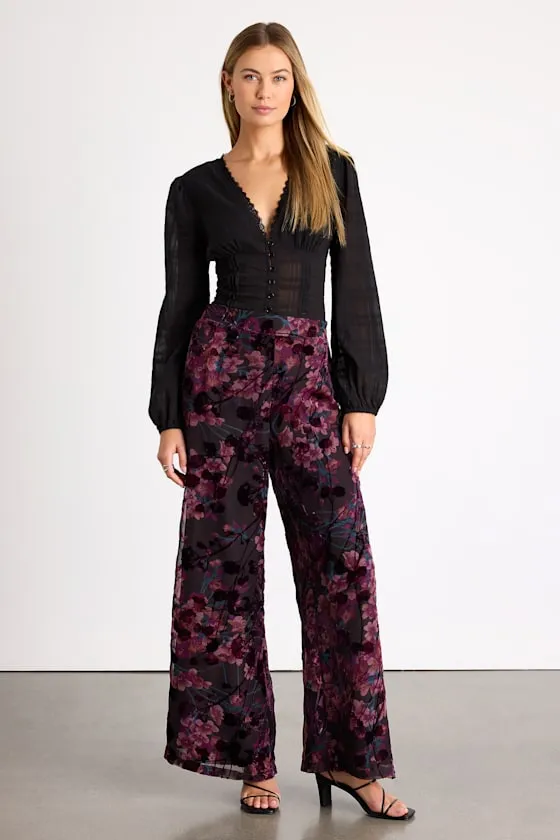 Astley Black Multi Floral Burnout Wide-Leg Pants sold by Lulus