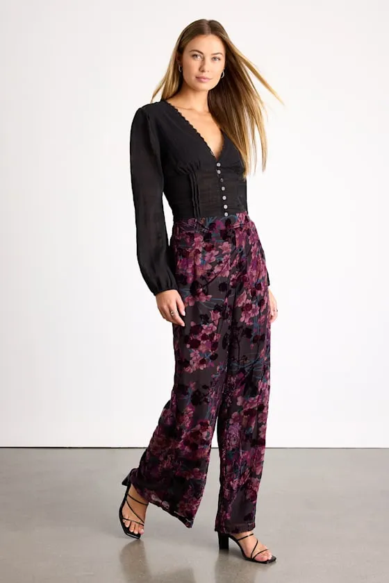 Astley Black Multi Floral Burnout Wide-Leg Pants sold by Lulus product image thumbnail 4