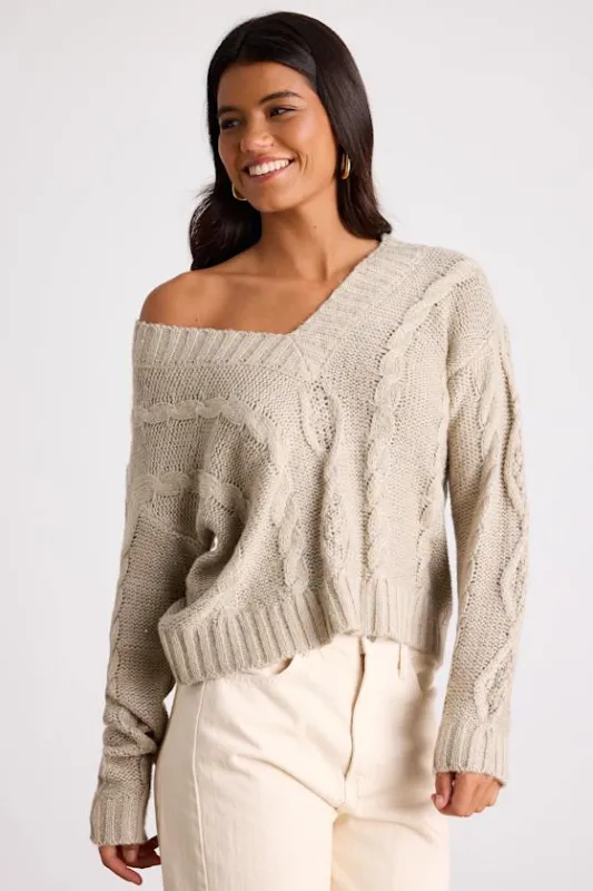 Ewan Light Grey Sequin Cable Knit V-Neck Sweater sold by Lulus