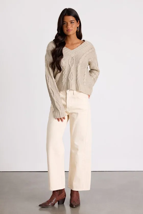 Ewan Light Grey Sequin Cable Knit V-Neck Sweater sold by Lulus product image thumbnail 4