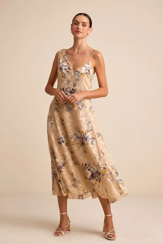 Eirwen Beige Floral Burnout Asymmetrical Midi Dress sold by Lulus