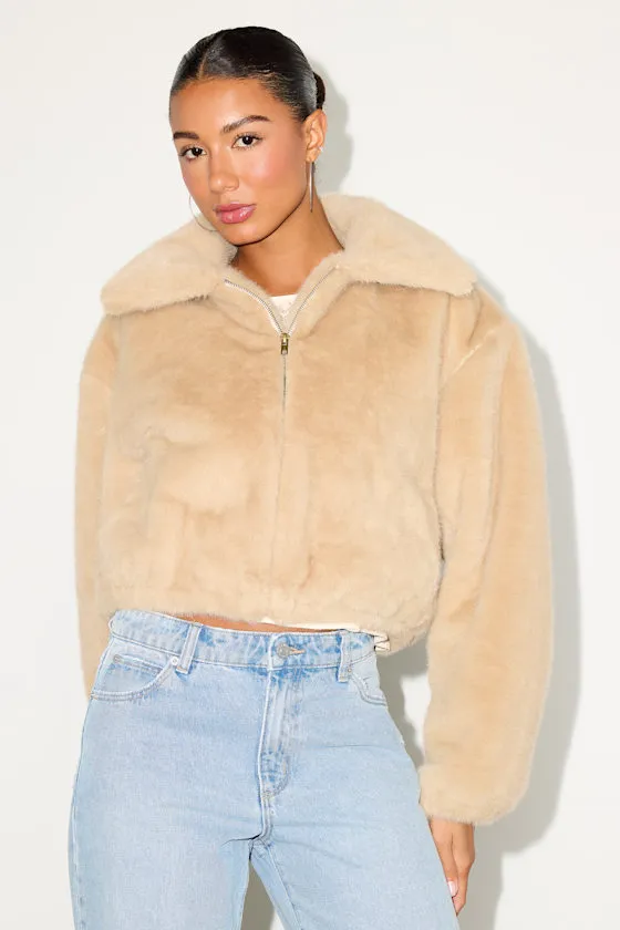 Eliah Beige Faux Fur Collared Zip-Front Jacket sold by Lulus product image thumbnail 2