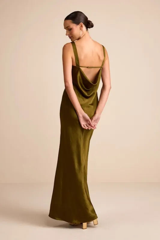 Janita Olive Satin Sleeveless Cowl Back Maxi Dress sold by Lulus