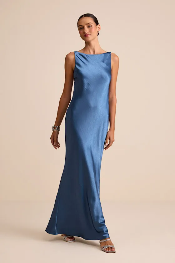 Janita Slate Blue Satin Sleeveless Cowl Back Maxi Dress sold by Lulus product image thumbnail 2