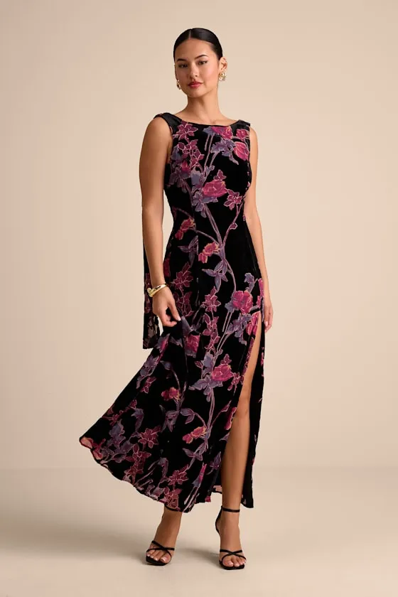 Liora Black Velvet Floral Burnout Boat Neck Sash Maxi Dress sold by Lulus