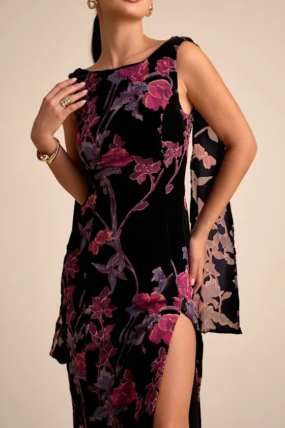 Liora Black Velvet Floral Burnout Boat Neck Sash Maxi Dress sold by Lulus product image thumbnail 2