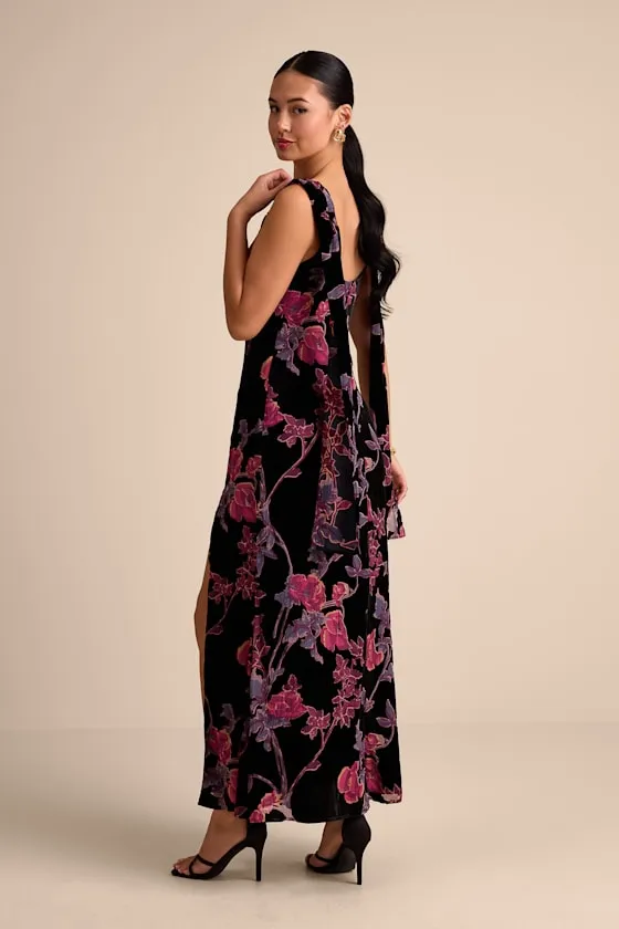 Liora Black Velvet Floral Burnout Boat Neck Sash Maxi Dress sold by Lulus product image thumbnail 3