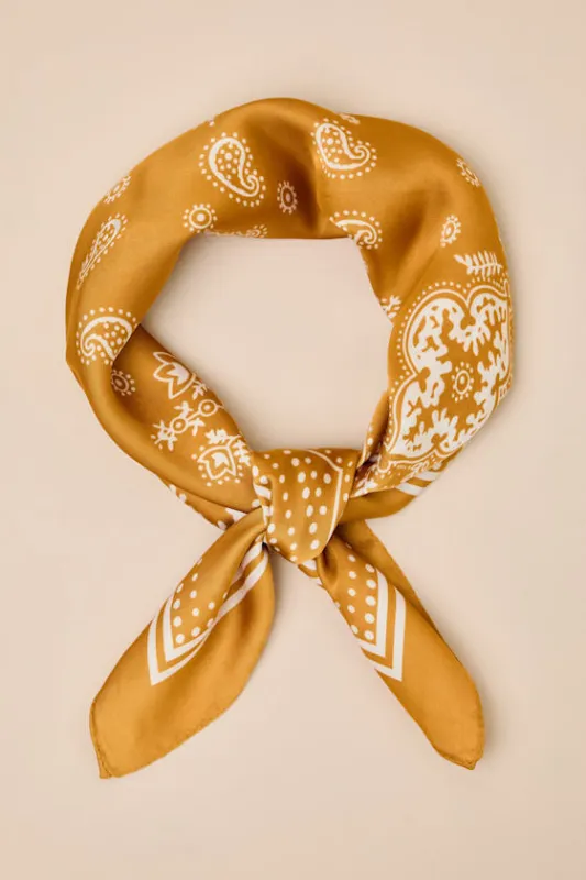 Classic Addition Mustard Yellow Bandana Print Satin Scarf sold by Lulus