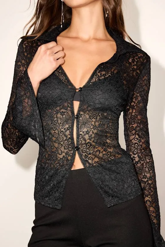Miyora Black Sheer Lace Button-Front Collared Top sold by Lulus product image thumbnail 2