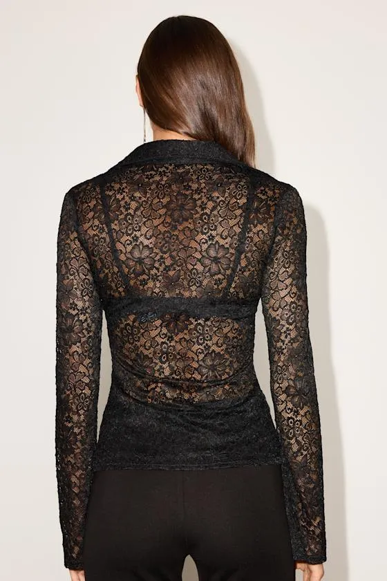 Miyora Black Sheer Lace Button-Front Collared Top sold by Lulus product image thumbnail 3