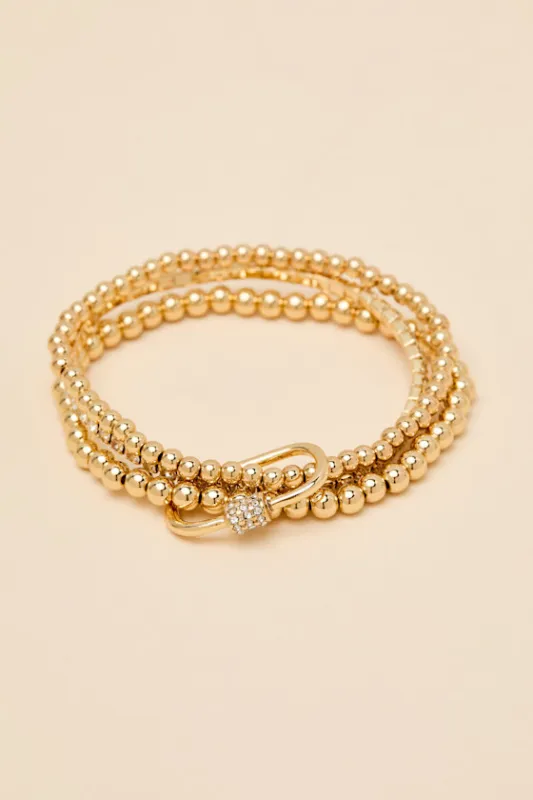 Fontaine Gold Beaded Rhinestone Three-Piece Bracelet Set sold by Lulus