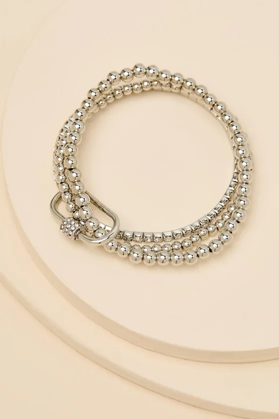 Fontaine Silver Beaded Rhinestone Three-Piece Bracelet Set sold by Lulus product image thumbnail 3