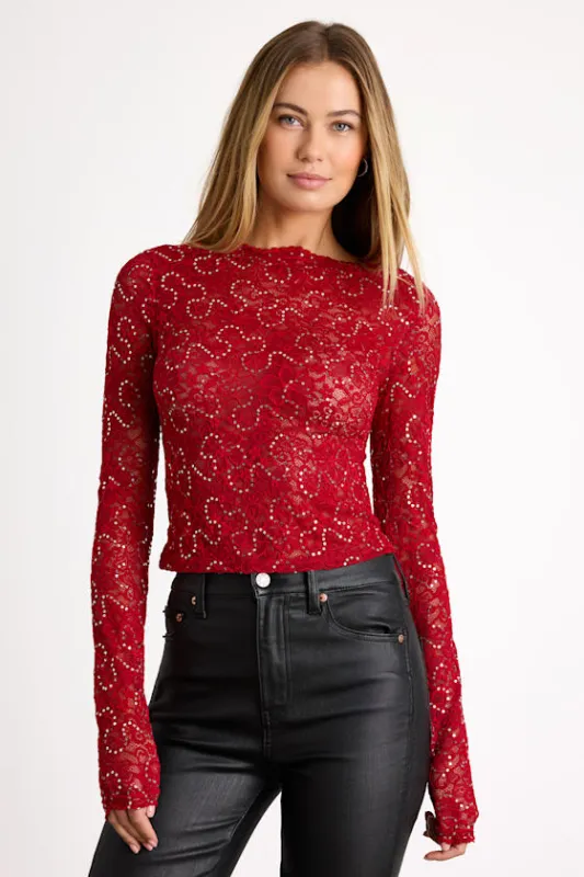 Elaura Red Sheer Lace Sequin Long Sleeve Top sold by Lulus