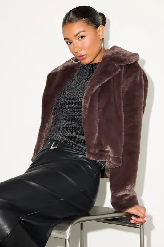 Cuddly Sensation Brown Faux Fur Cropped Jacket sold by Lulus