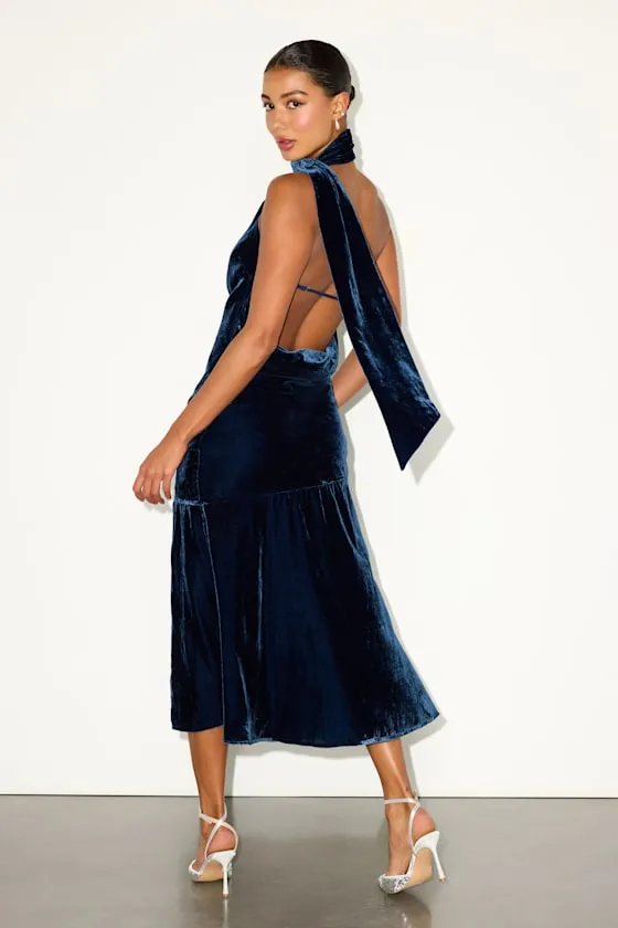 Alis Navy Velvet One-Shoulder Sash Maxi Dress sold by Lulus product image thumbnail 4