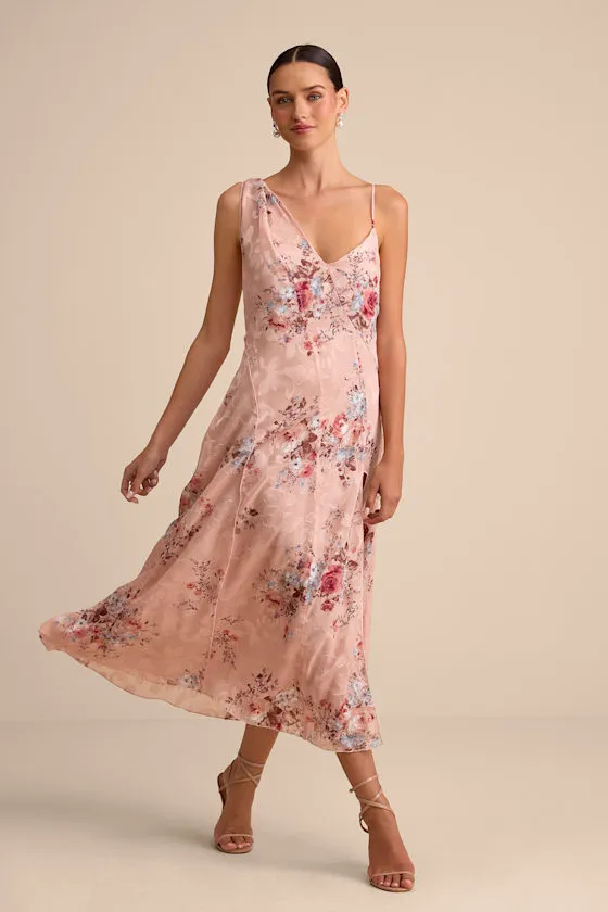 Eirwen Blush Floral Burnout Asymmetrical Midi Dress sold by Lulus
