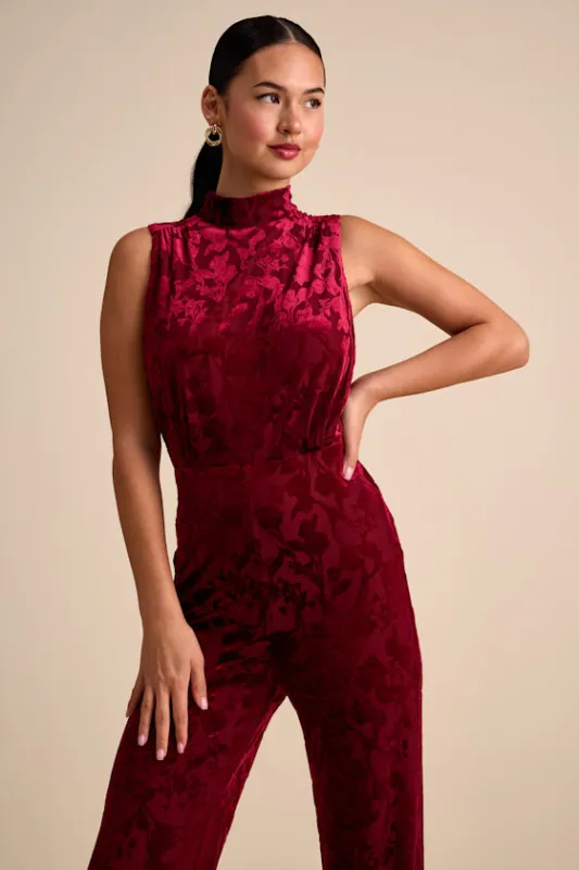 Micola Red Velvet Jacquard Mock Neck Jumpsuit sold by Lulus