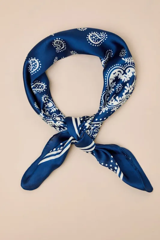 Classic Addition Navy Bandana Print Satin Scarf sold by Lulus
