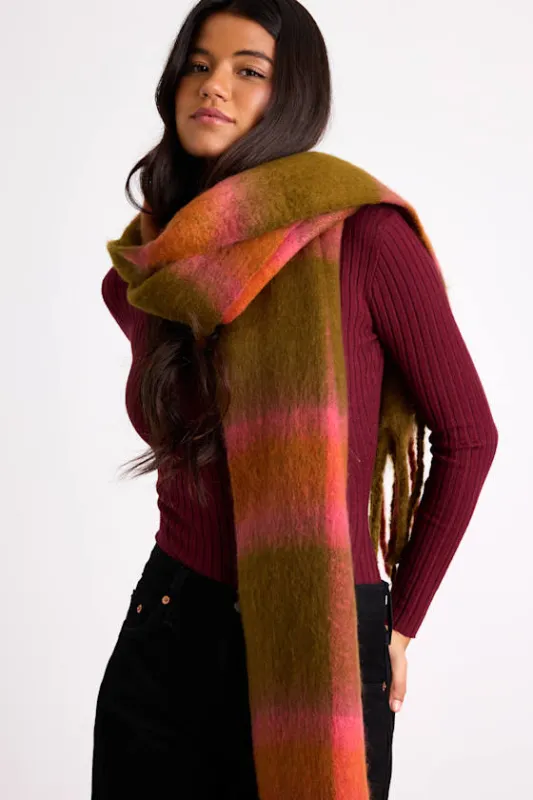 Melton Coral and Olive Plaid Knit Oversized Fringe Scarf sold by Lulus