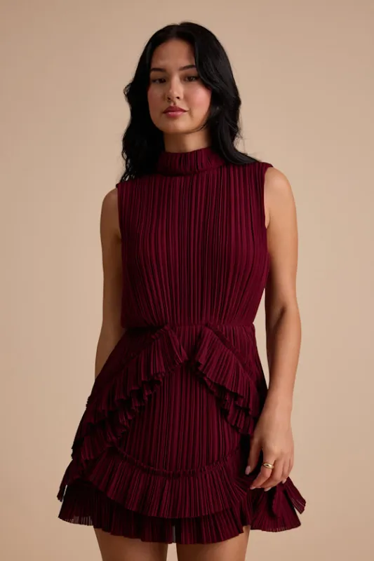 Alvana Burgundy Plisse Mock Neck Ruffled Mini Dress sold by Lulus