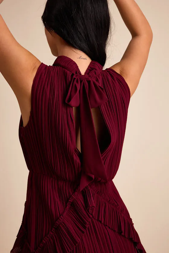 Alvana Burgundy Plisse Mock Neck Ruffled Mini Dress sold by Lulus product image thumbnail 2