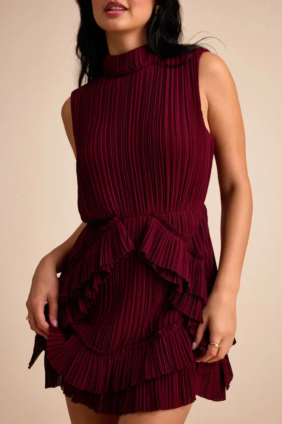 Alvana Burgundy Plisse Mock Neck Ruffled Mini Dress sold by Lulus product image thumbnail 4